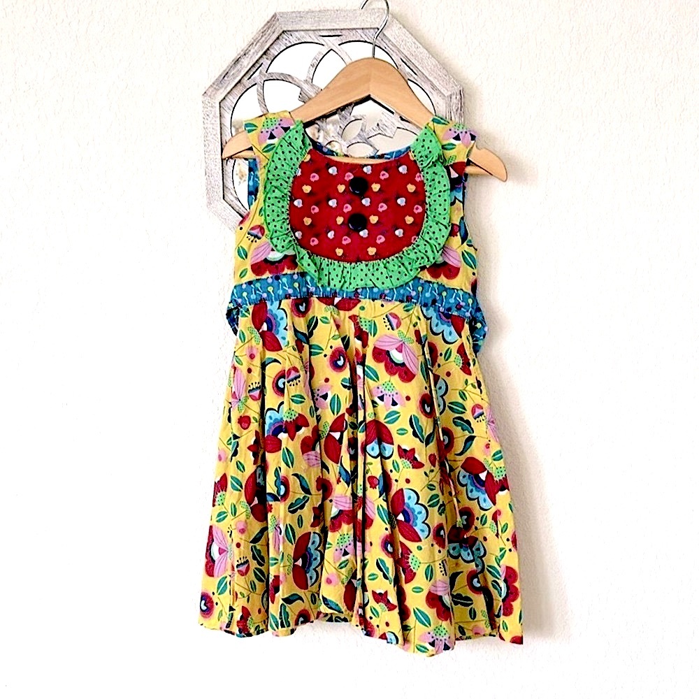 Jelly the Pug • Mixed Media Floral Ruffle Buttons Sleeveless Twirl Party Dress
